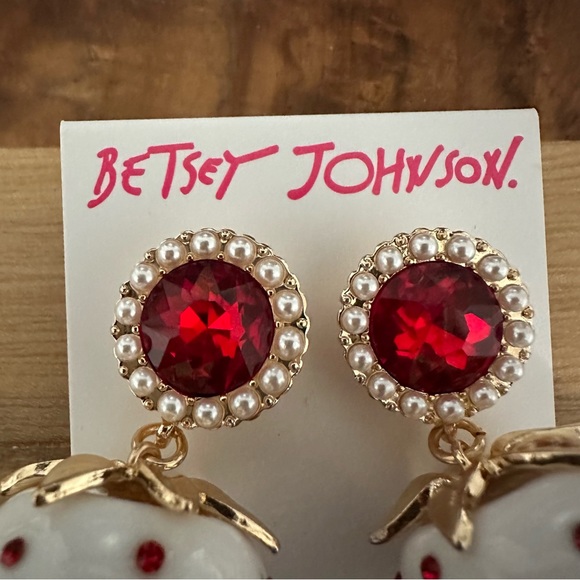 Betsey Johnson Gold Tone White Strawberry Red Crystal Faux Pearl Drop Earrings - Picture 3 of 3